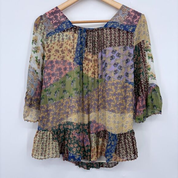 Anthropologie Floreat Patchwork Peasant Top, Sz Small, Bell Sleeves Beaded Trim - Picture 2 of 11